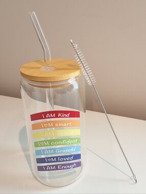 Glass Affirmation Tumbler W/ Bamboo Lid Glass Straw & Straw Cleaner "I AM" Cup